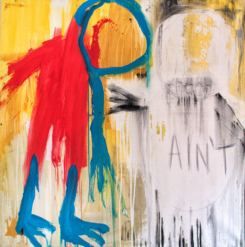 Figura rossa e fantasma giallo su sfondo giallo