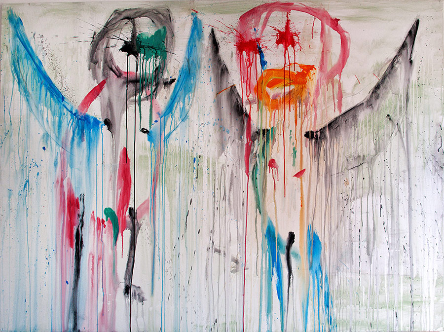 Due figure alate con colature blu e rosse