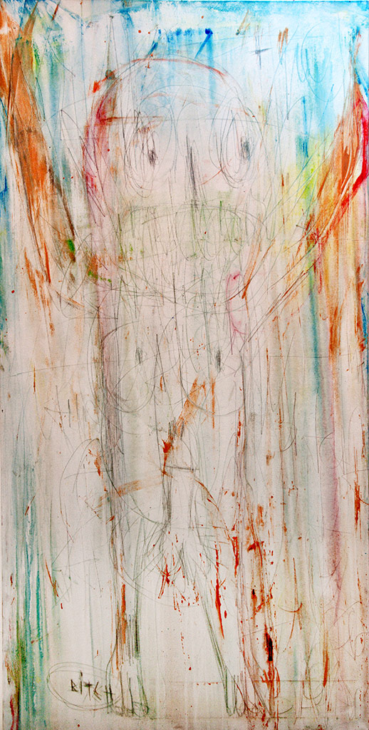 BITCH โ figura verticale eterea su fondo graffiato